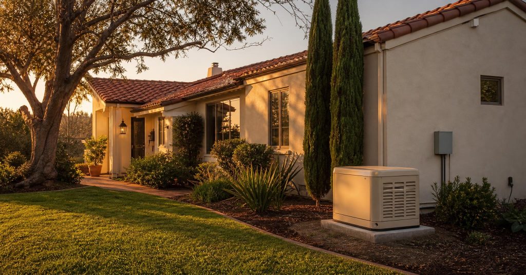 Standby generator beside a San Diego County home at golden hour