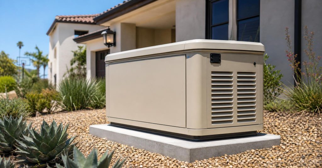 Residential standby generator on a concrete pad beside a modern Southern California home in bright daylight.