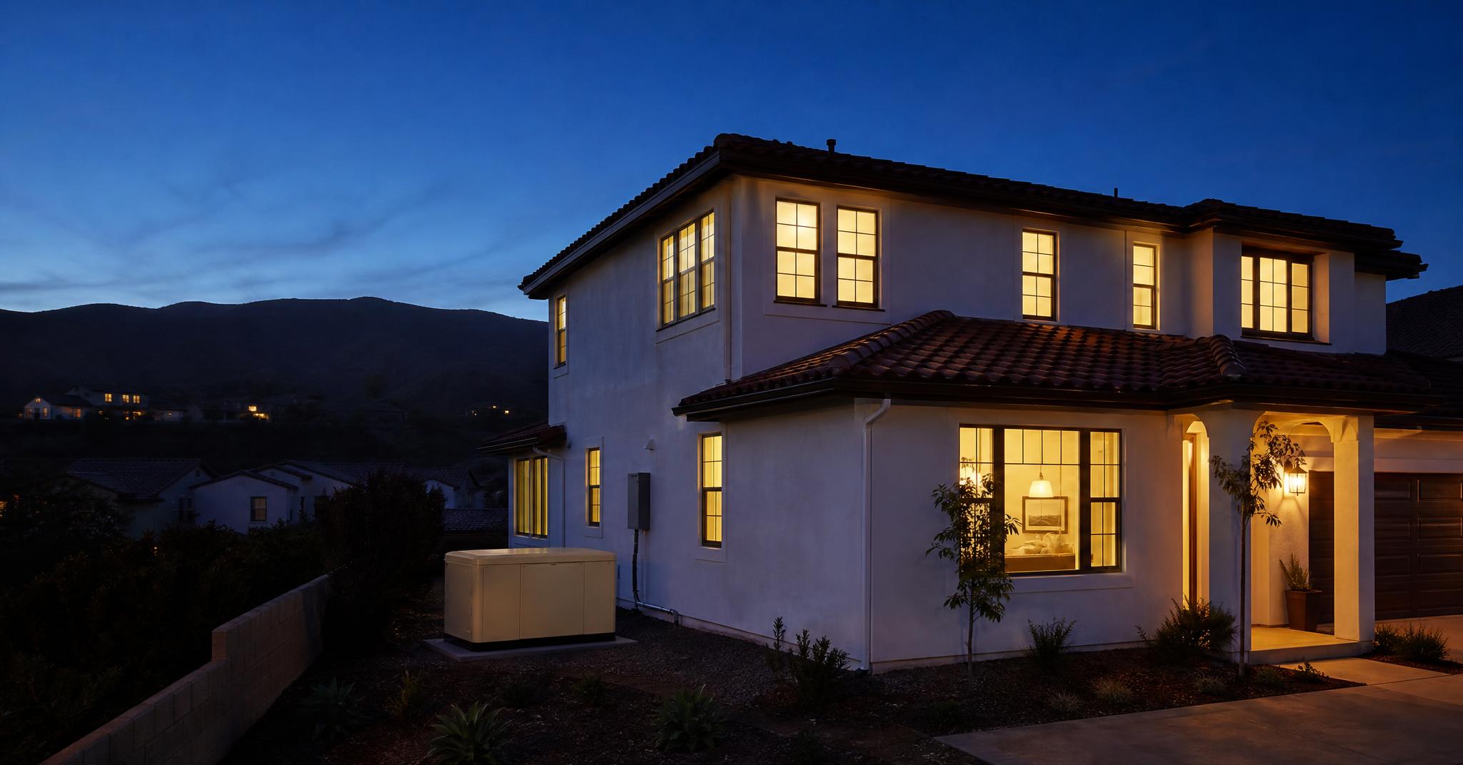 Home with every window lit at twilight while the neighborhood is dark, standby generator running at the side of the house.