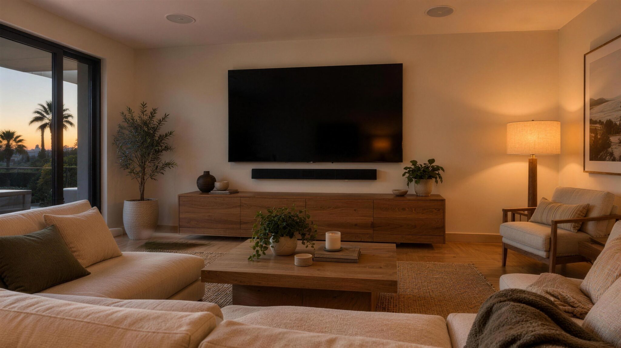 Living room with a wall-mounted TV, hidden wiring and in-ceiling speakers