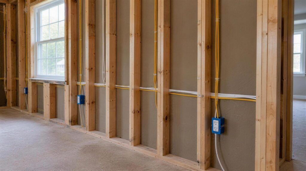 Open wall during a home rewire with new cable runs and electrical boxes