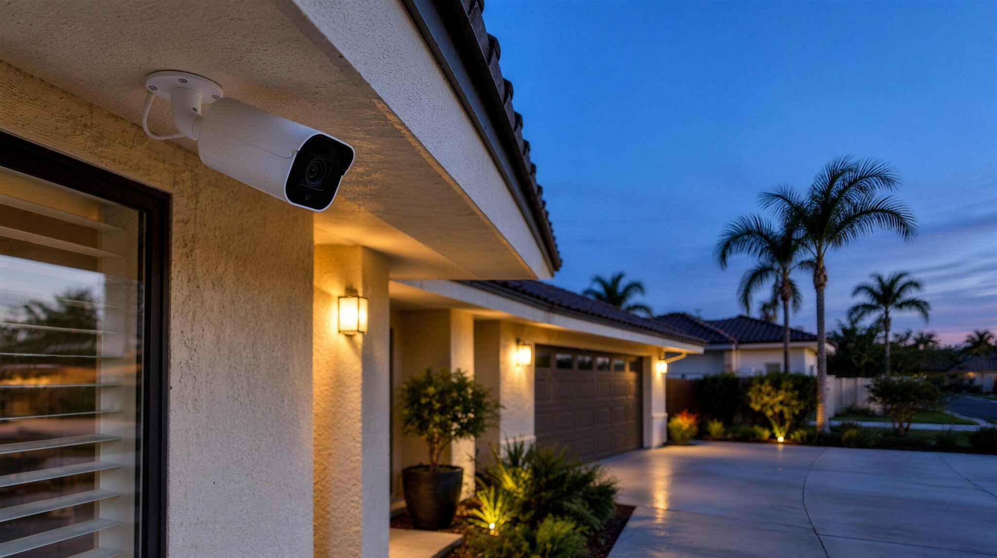Hardwired security camera under the eave of an East County home at dusk
