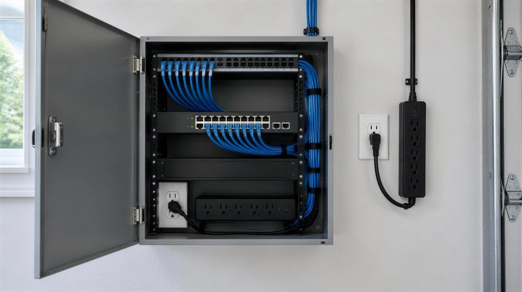 Structured media panel with labeled Cat6 network cables and a network switch